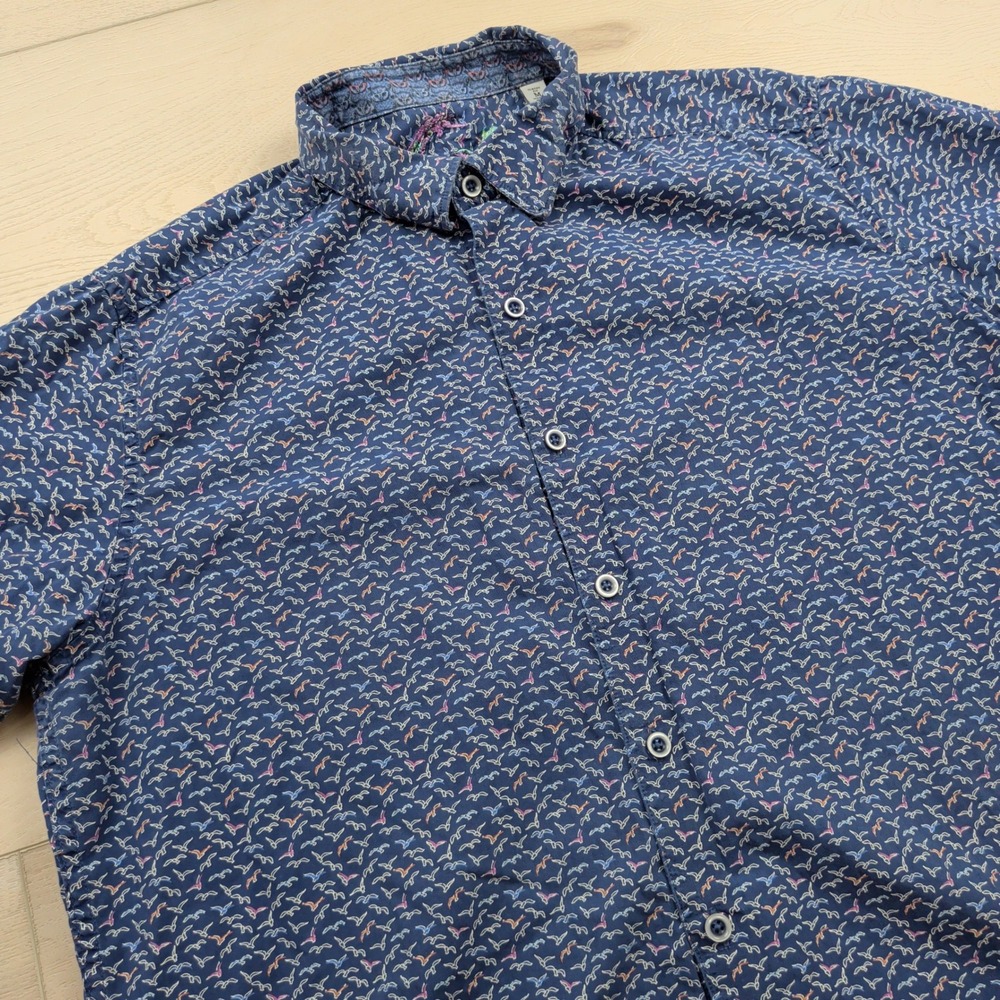 Robert Graham Mens Blue Bird Print Short Sleeve Button Down Shirt Size Medium
